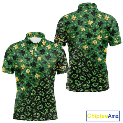 Green and Gold Clover glitter leopard St Patrick's day pattern custom shamrock Mens golf polo shirts NQS11423