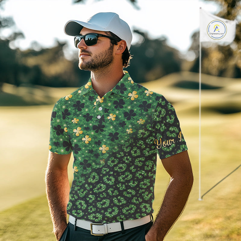 Green and Gold Clover glitter leopard St Patrick's day pattern custom shamrock Mens golf polo shirts NQS11423