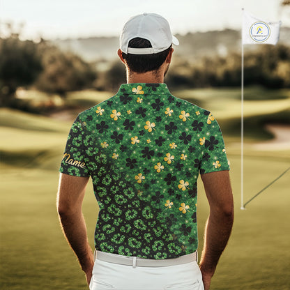 Green and Gold Clover glitter leopard St Patrick's day pattern custom shamrock Mens golf polo shirts NQS11423