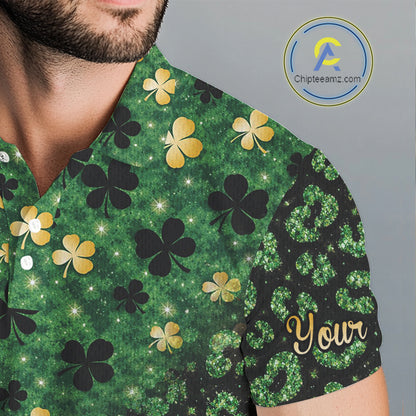 Green and Gold Clover glitter leopard St Patrick's day pattern custom shamrock Mens golf polo shirts NQS11423