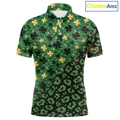 Green and Gold Clover glitter leopard St Patrick's day pattern custom shamrock Mens golf polo shirts NQS11423