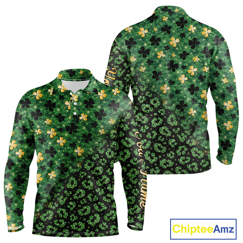 Green and Gold Clover glitter leopard St Patrick's day pattern custom shamrock Mens golf polo shirts NQS11423