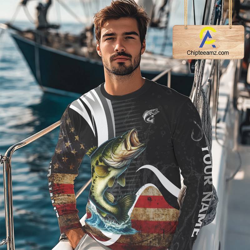 Personalized professional bass fishing shirts vintage American Flag patriotic bass fishing jerseys NQS11426