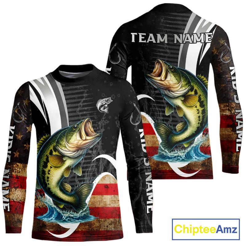 Personalized professional bass fishing shirts vintage American Flag patriotic bass fishing jerseys NQS11426