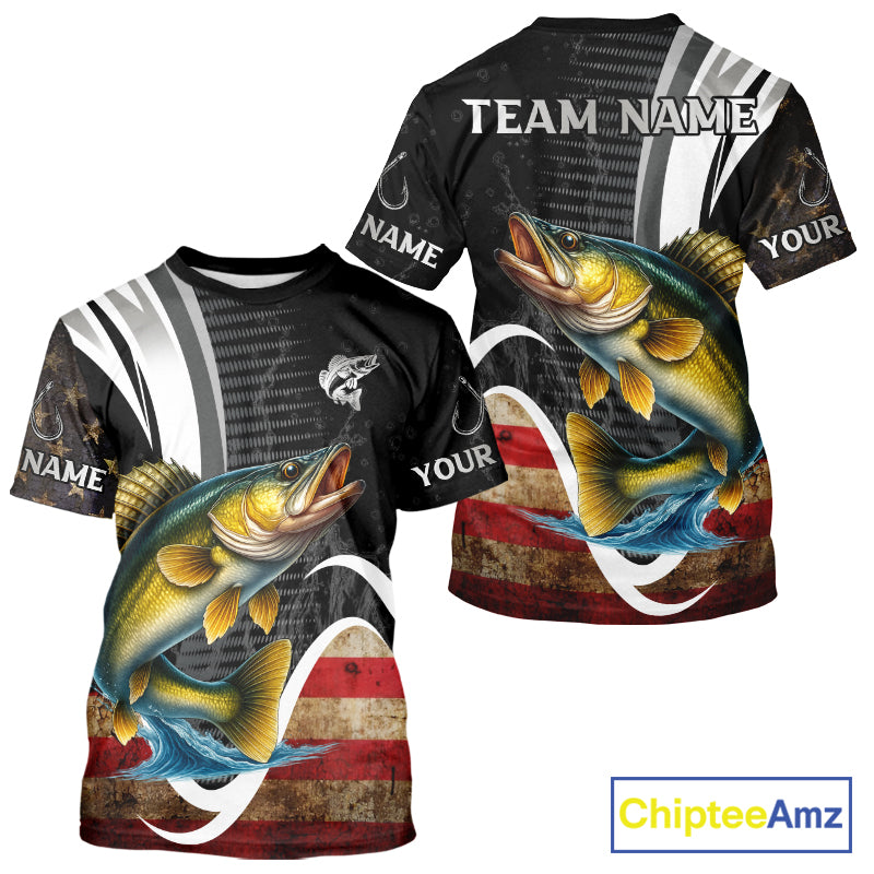 Personalized professional walleye fishing shirts American Flag patriotic walleye fishing jerseys NQS11427
