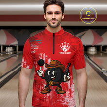 Load image into Gallery viewer, Custom Funny Cowboy Gunster Bowling Polo, 1/4 zip Shirts For Men, Bowling Team League Jerseys | Red NQS11625