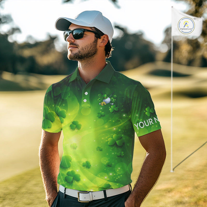 Green clover pattern St Patrick's Day Mens Golf Polo Shirts Custom Shamrock Golf outfit For Men NQS11628