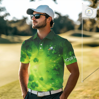 Green clover pattern St Patrick's Day Mens Golf Polo Shirts Custom Shamrock Golf outfit For Men NQS11628