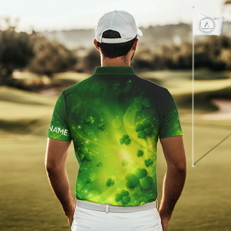 Green clover pattern St Patrick's Day Mens Golf Polo Shirts Custom Shamrock Golf outfit For Men NQS11628