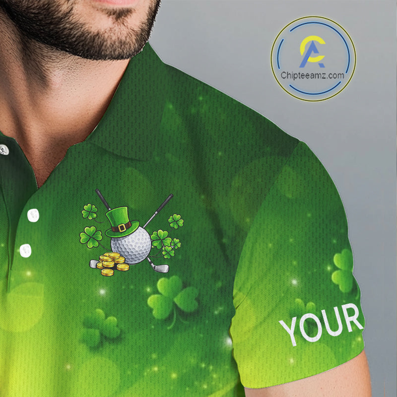 Green clover pattern St Patrick's Day Mens Golf Polo Shirts Custom Shamrock Golf outfit For Men NQS11628