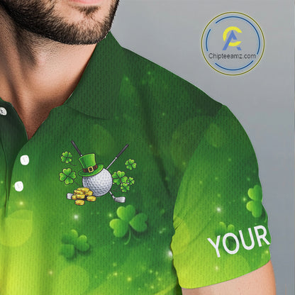 Green clover pattern St Patrick's Day Mens Golf Polo Shirts Custom Shamrock Golf outfit For Men NQS11628