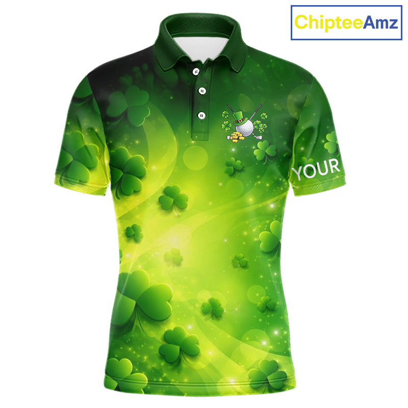 Green clover pattern St Patrick's Day Mens Golf Polo Shirts Custom Shamrock Golf outfit For Men NQS11628