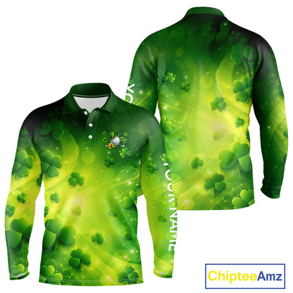 Green clover pattern St Patrick's Day Mens Golf Polo Shirts Custom Shamrock Golf outfit For Men NQS11628