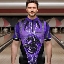 Load image into Gallery viewer, Black and Purple Thunder Lightning Dragon Bowling Team Shirts For Men Custom Bowling Uniform NQS9662