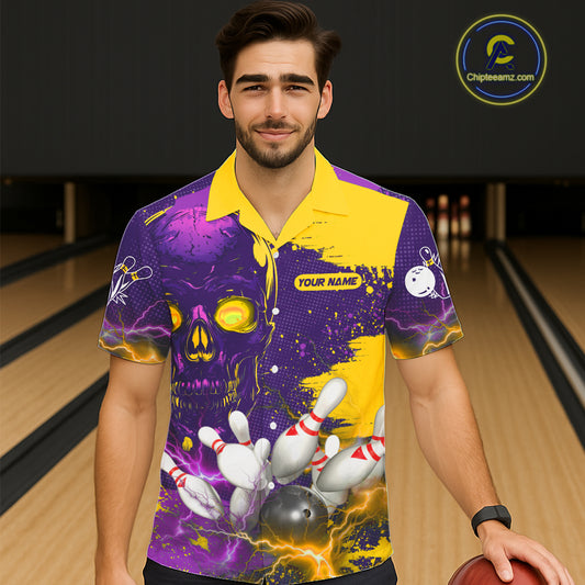 Purple and Yellow Lightning Thunder Storm Skull Bowling Button-up Shirt Custom Bowling Team Jerseys NQS11730