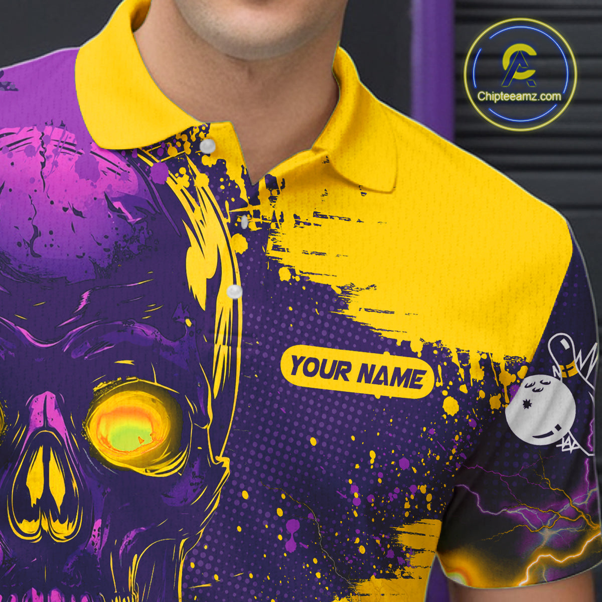 Purple and Yellow Lightning Thunder Storm Skull Bowling Shirts For Men Custom Bowling Team Jerseys NQS11730