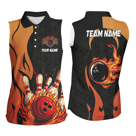 Black and Orange Flame Women sleeveless polo shirts custom team bowling jerseys bowl gifts NQS7799