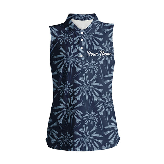 Women sleeveless polo shirts with navy floral pattern custom name golf shirts, golfing gifts NQS5922