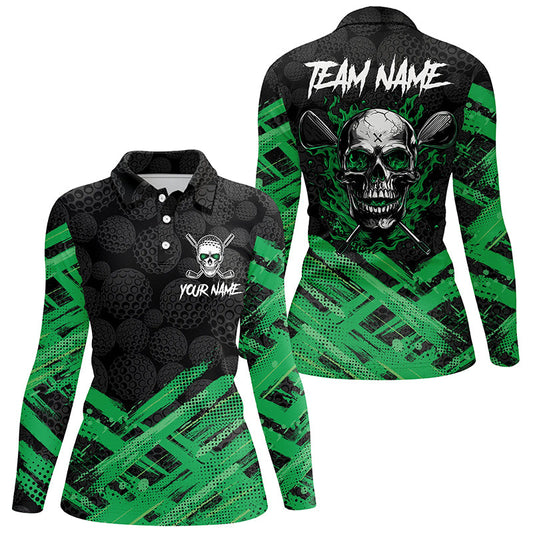 Black Camo Women golf polo shirt custom Green Flame Skull golf attire for ladies, gifts for the golfer NQS8456