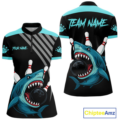 Funny Cyan Blue Shark Women Bowling Polo, Quarter Zip Shirts Custom Team Shark Bowling Outfit Jersey NQS11042