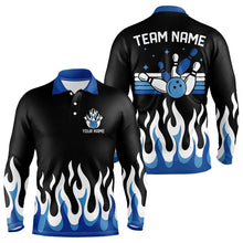 Load image into Gallery viewer, Black and Blue Flame Retro Bowling Polo, Quarter Zip Shirt for Men Custom Bowling Team Jerseys NQS9155