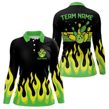 Load image into Gallery viewer, Black and Green Flame Retro Bowling Polo, Quarter Zip Shirt for Women Custom Bowling Team Jerseys NQS9156