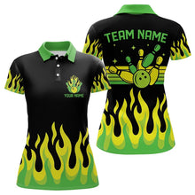 Load image into Gallery viewer, Black and Green Flame Retro Bowling Polo, Quarter Zip Shirt for Women Custom Bowling Team Jerseys NQS9156