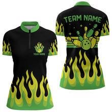 Load image into Gallery viewer, Black and Green Flame Retro Bowling Polo, Quarter Zip Shirt for Women Custom Bowling Team Jerseys NQS9156