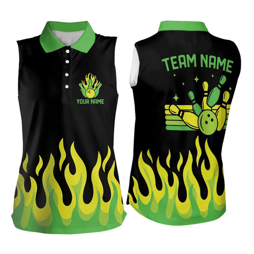 Black and Green Flame Retro Bowling Sleeveless Polo Shirt Custom Bowling Team Jerseys NQS9156