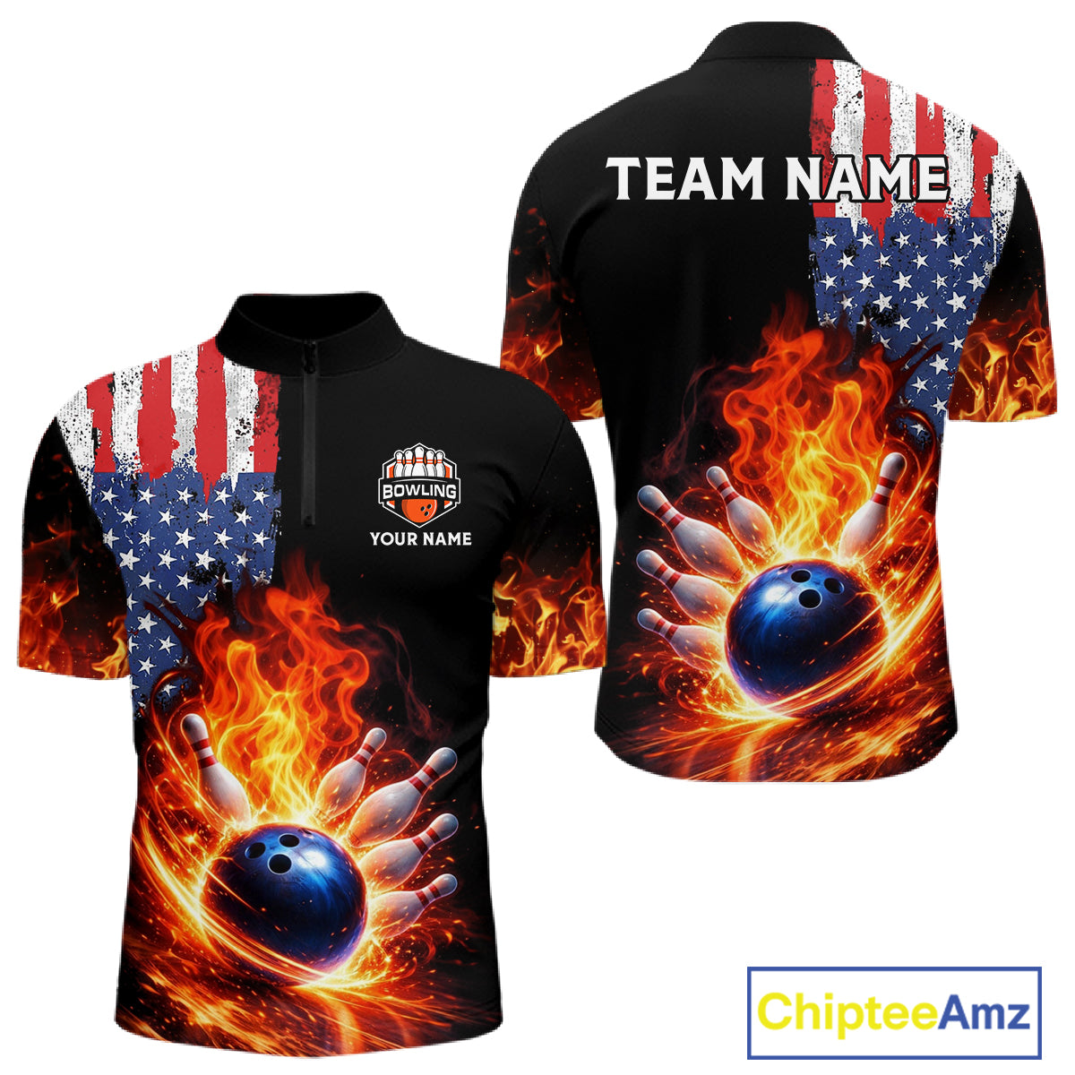 American Flag Flame bowling polo, quarter zip shirts for Men Custom patriotic team bowling jerseys NQS11432
