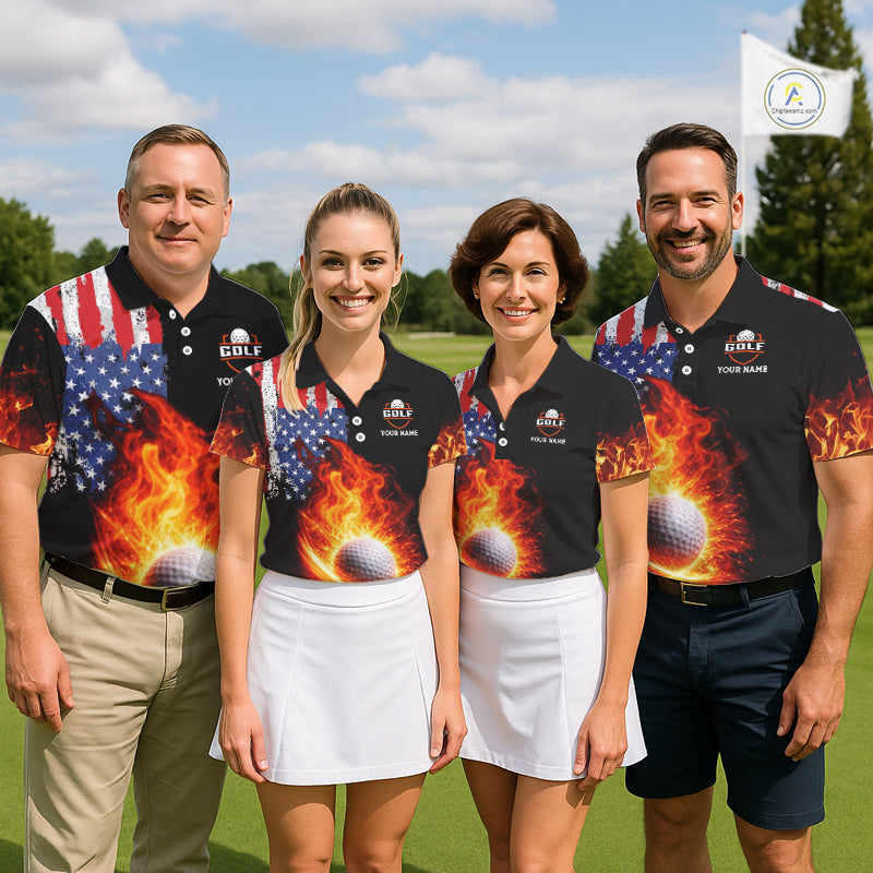 American Flag Flame Golf Polo shirts for Men Custom patriotic team Golf jerseys, mens golf outfit NQS11433