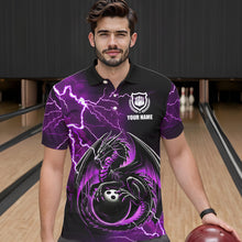 Load image into Gallery viewer, Personalized Black And Purple Thunder Lightning Dragon Bowling Shirts For Men, Bowling Team Uniform NQS9666
