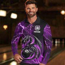 Load image into Gallery viewer, Personalized Black And Purple Thunder Lightning Dragon Bowling Shirts For Men, Bowling Team Uniform NQS9666
