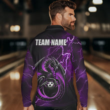 Load image into Gallery viewer, Personalized Black And Purple Thunder Lightning Dragon Bowling Shirts For Men, Bowling Team Uniform NQS9666