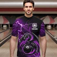 Load image into Gallery viewer, Personalized Black And Purple Thunder Lightning Dragon Bowling Shirts For Men, Bowling Team Uniform NQS9666