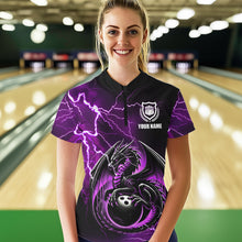 Load image into Gallery viewer, Personalized Black And Purple Thunder Lightning Dragon Bowling Shirts For Women, Bowling Team Uniform NQS9666