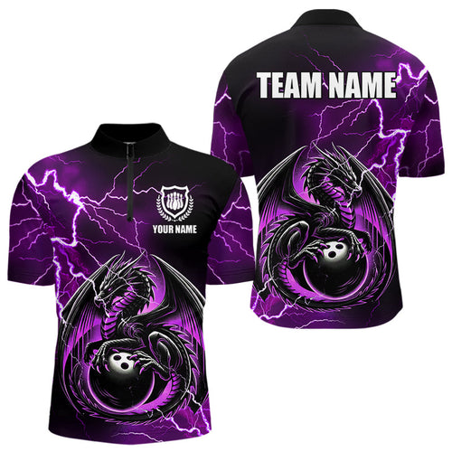 Personalized Black And Purple Thunder Lightning Dragon Bowling Shirts For Men, Bowling Team Uniform NQS9666
