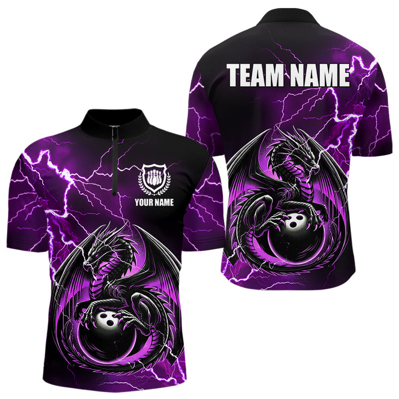 Personalized Black And Purple Thunder Lightning Dragon Bowling Shirts For Men, Bowling Team Uniform NQS9666