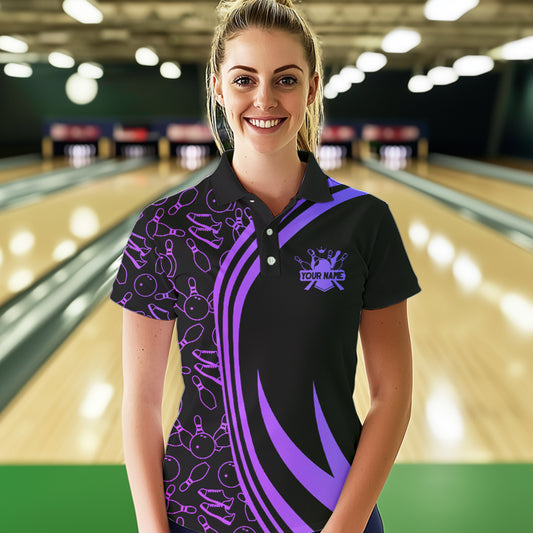Black Women bowling shirts Custom Purple neon team league bowling jerseys, gifts for bowlers NQS9667