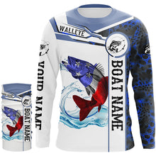 Load image into Gallery viewer, Walleye Fishing blue camo American Flag Custom name &amp; boat name performance Long Sleeve Fishing Shirts NQS3457