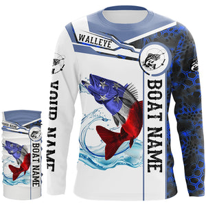 Walleye Fishing blue camo American Flag Custom name & boat name performance Long Sleeve Fishing Shirts NQS3457