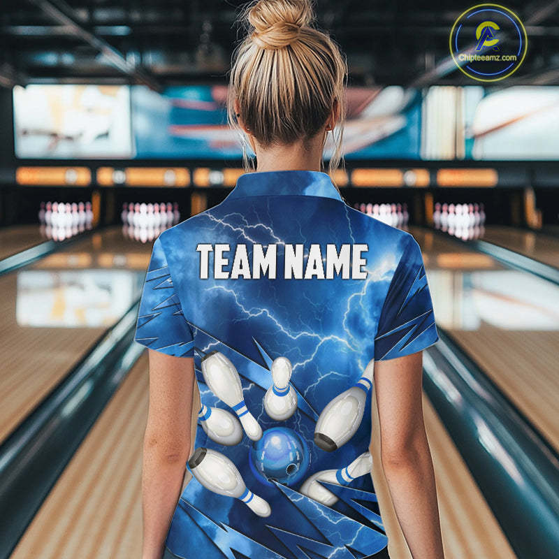 Blue Lightning Thunder Bowling Shirts For Women Custom Bowling Team League Jersey, Gift For Bowlers NQS10860