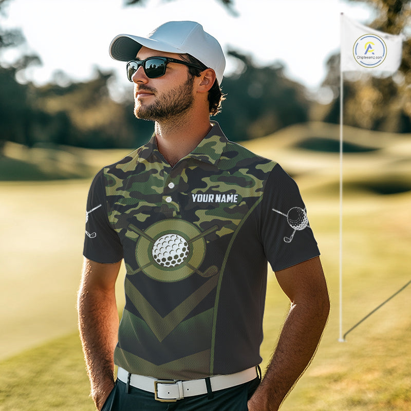 Black green camo Golf Polo shirts For Men Custom golf outfit men, personalized golf gifts NQS11051