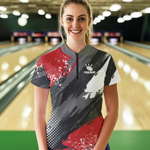 Grunge pattern Bowling Team Polo, 1/4 Zip Shirt For Women Custom Bowling jersey Uniform Bowler Outfits NQS9370