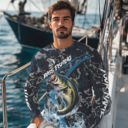Custom Largemouth Bass Fishing Camo Long Sleeve Fishing Shirts, Personalized Bass Fishing Team Jerseys NQS9677