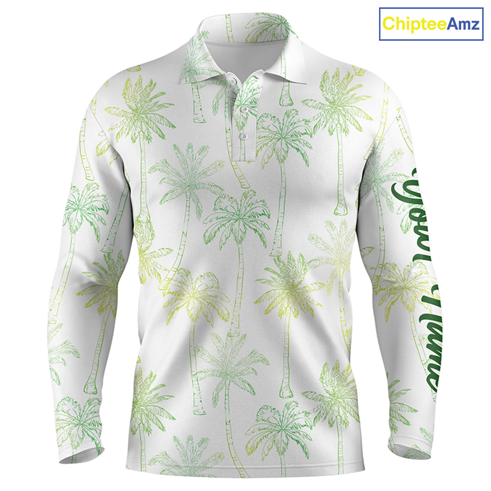 Green Tropical palm trees pattern Mens golf polo shirts custom team white golf shirt mens NQS5725