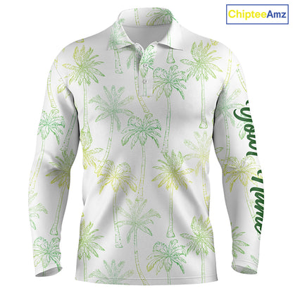 Green Tropical palm trees pattern Mens golf polo shirts custom team white golf shirt mens NQS5725