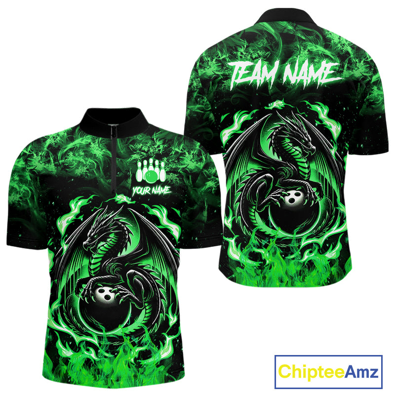 Black and Green Flame Dragon bowling shirts for Men Custom Bowling Team Jersey, gift for Bowler NQS10246