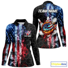 Load image into Gallery viewer, Smoke American Flag Flame Bowling camo Custom Patriotic Bowling Shirts For Women, Bowling Team Jerseys NQS8241