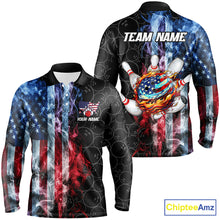 Load image into Gallery viewer, Smoke American Flag Flame Bowling camo Custom Patriotic Bowling Shirts For Men, Bowling Team Jerseys NQS8241